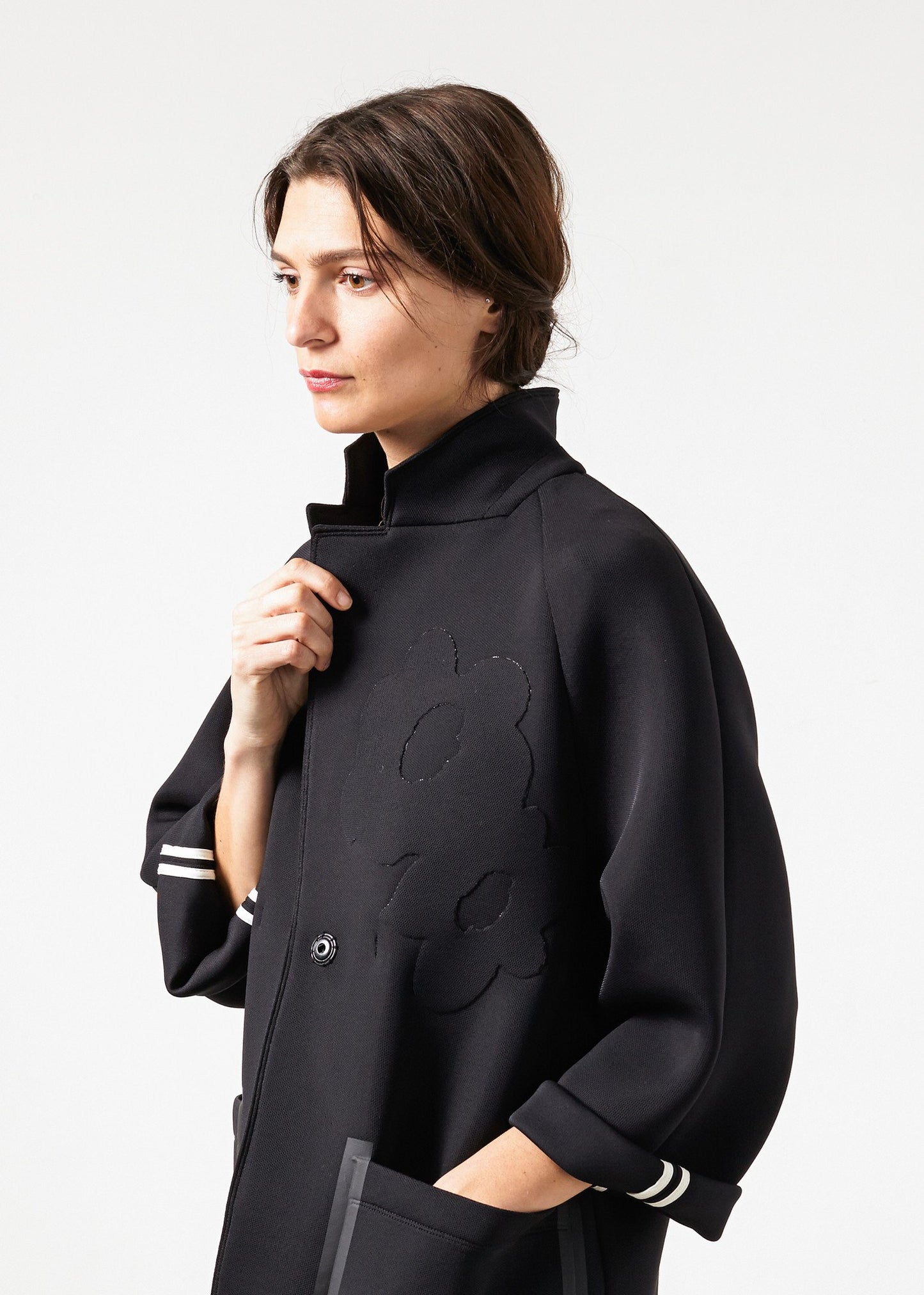 Neoprene Flower Coat in Black - annaclothes
