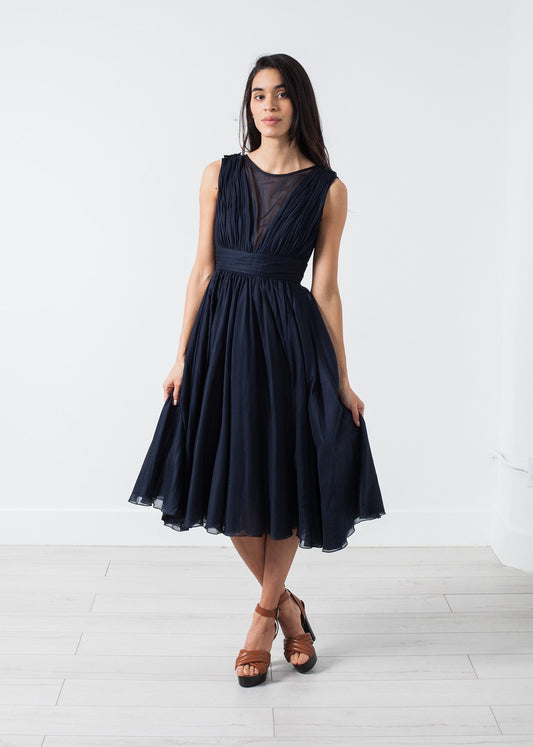 Voile V-Neck Dress in Navy - annaclothes