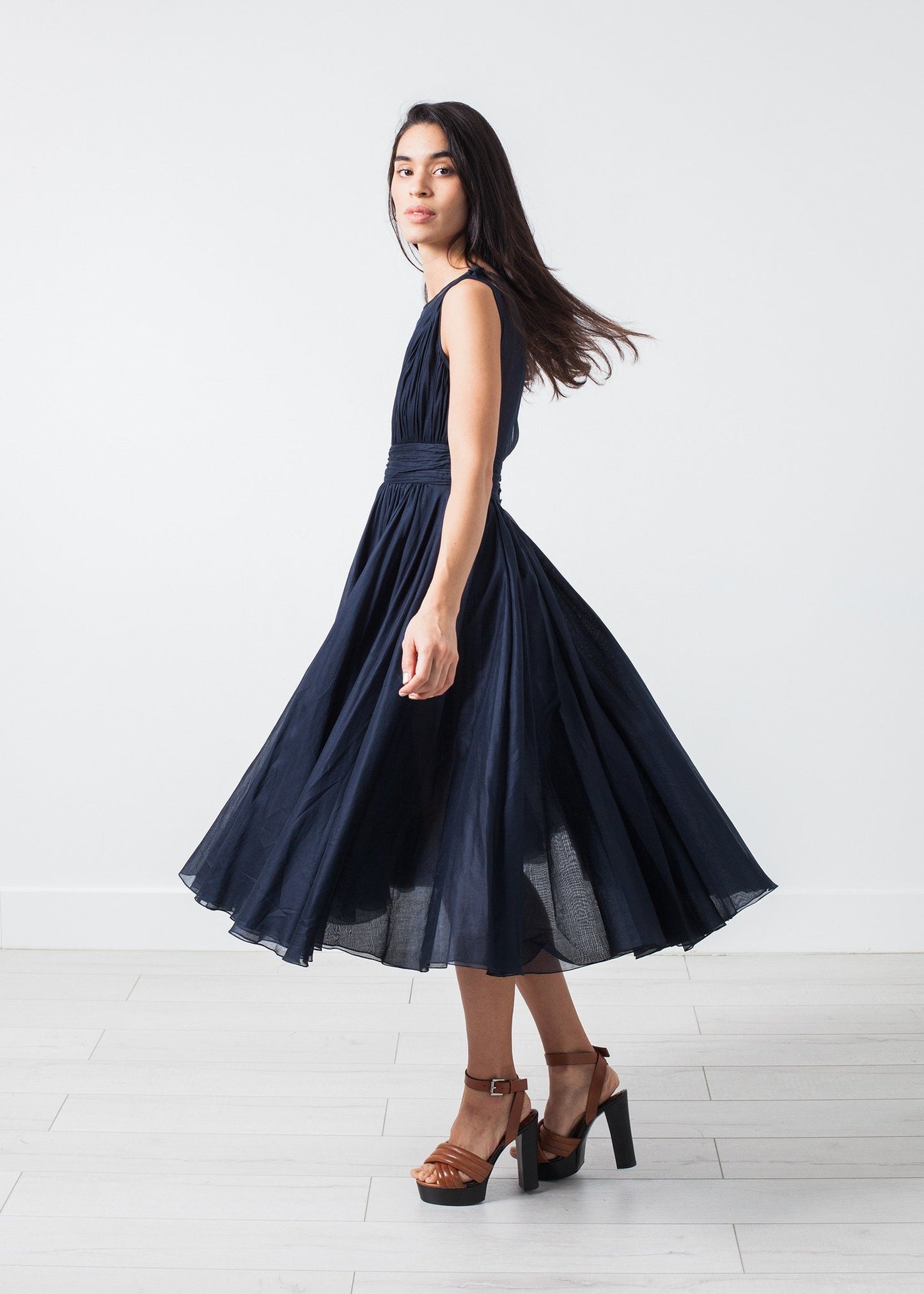 Voile V-Neck Dress in Navy - annaclothes
