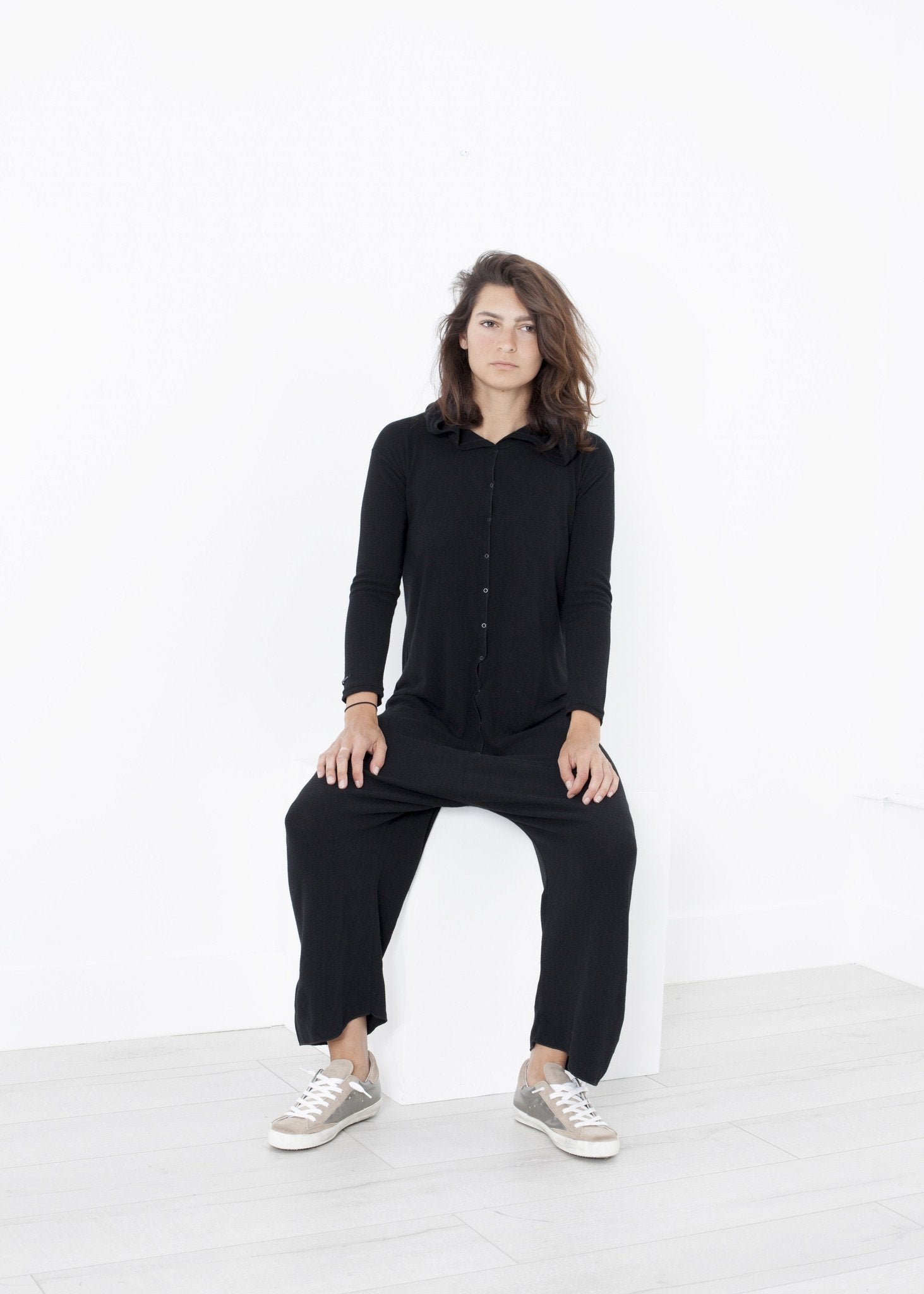 Knit Hooded Jumpsuit in Black - annaclothes