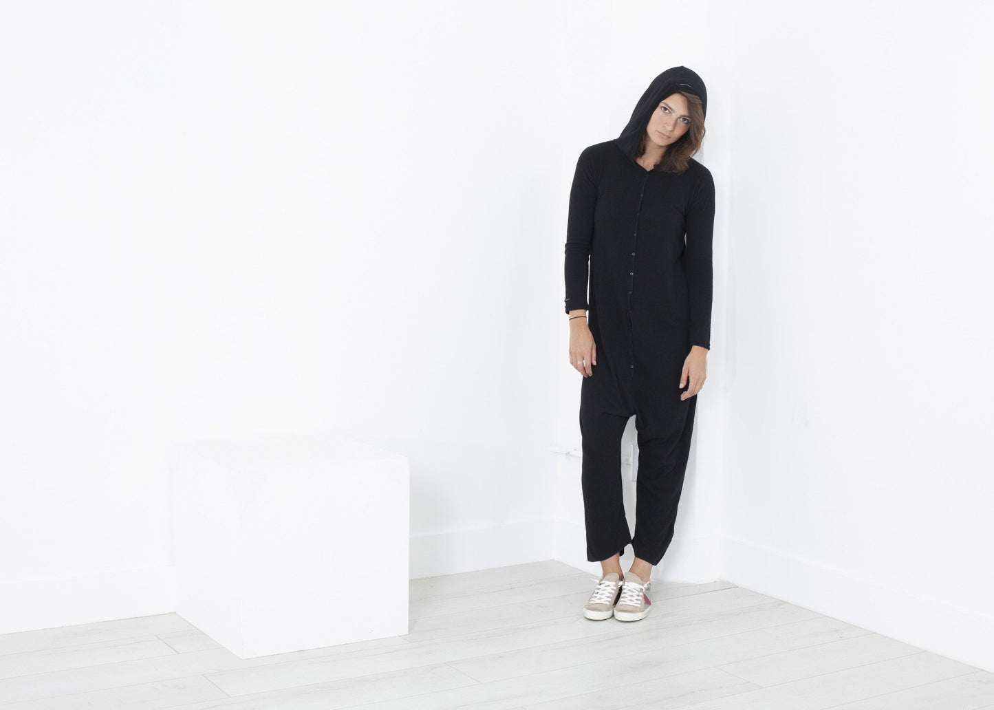 Knit Hooded Jumpsuit in Black - annaclothes