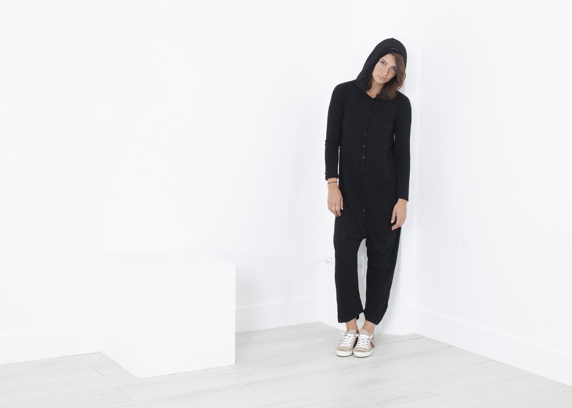 Knit Hooded Jumpsuit in Black - annaclothes