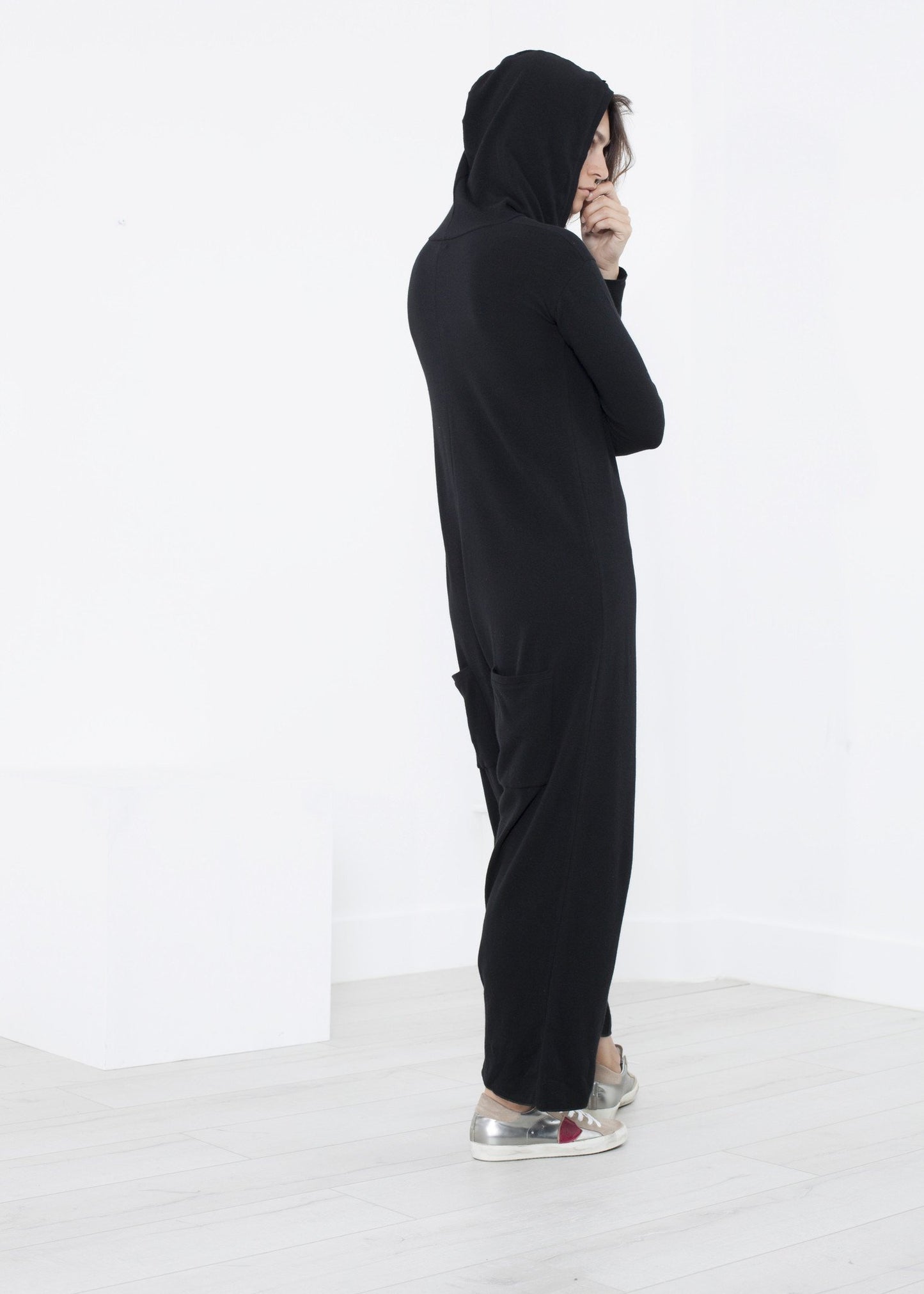 Knit Hooded Jumpsuit in Black - annaclothes
