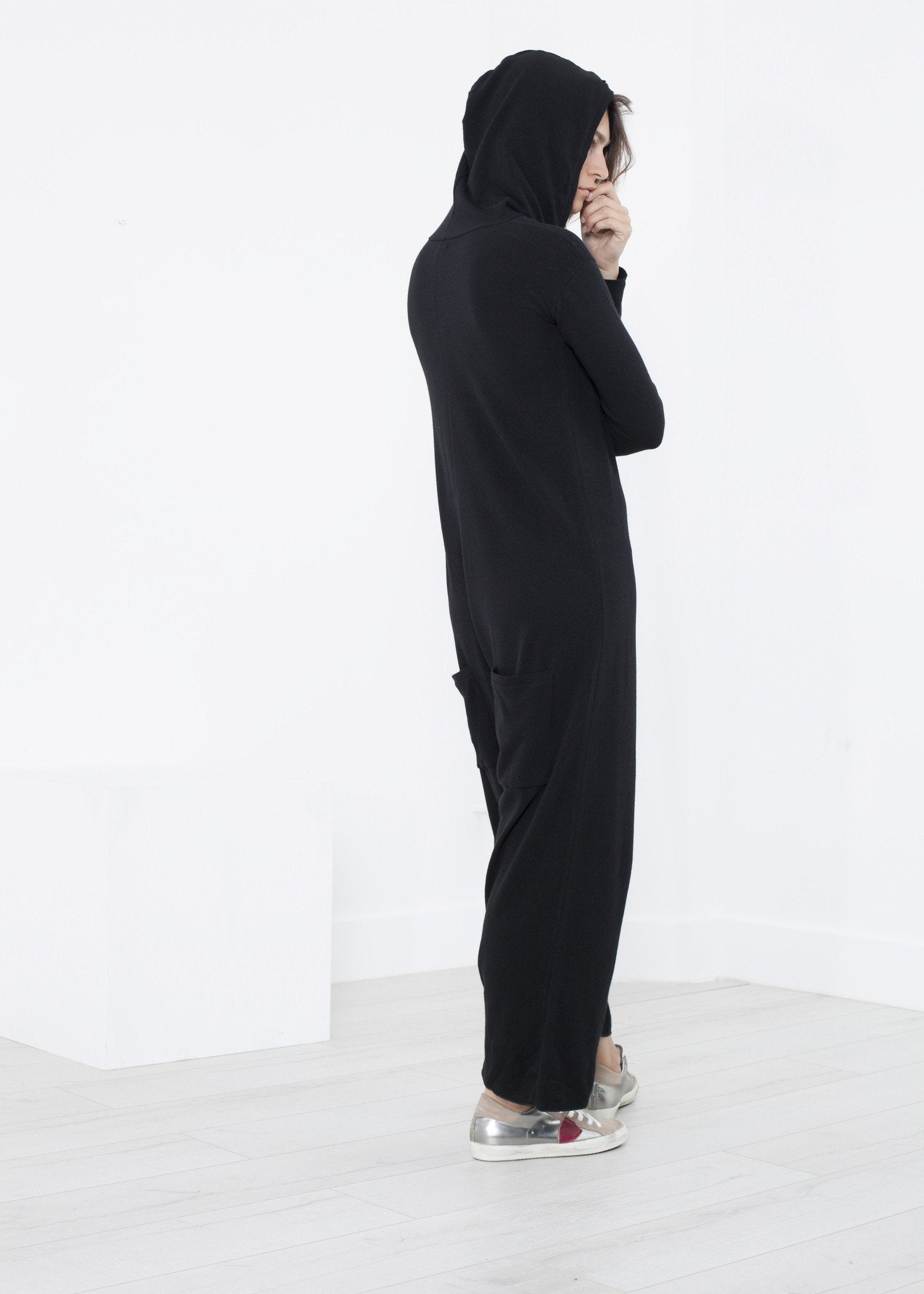 Knit Hooded Jumpsuit in Black - annaclothes