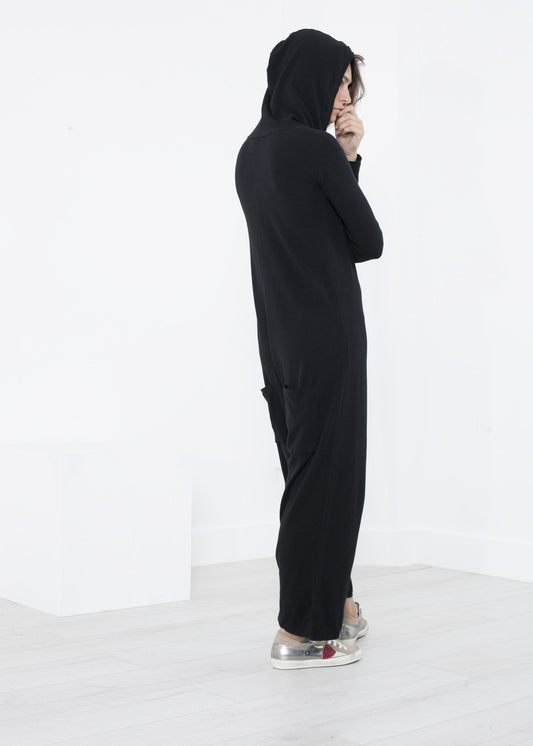 Knit Hooded Jumpsuit in Black - annaclothes