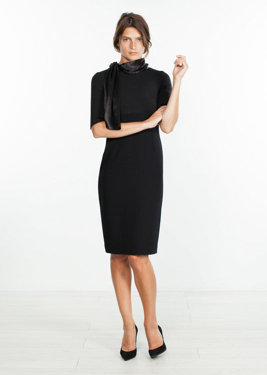 Tie Neck Wool Dress in Black - annaclothes