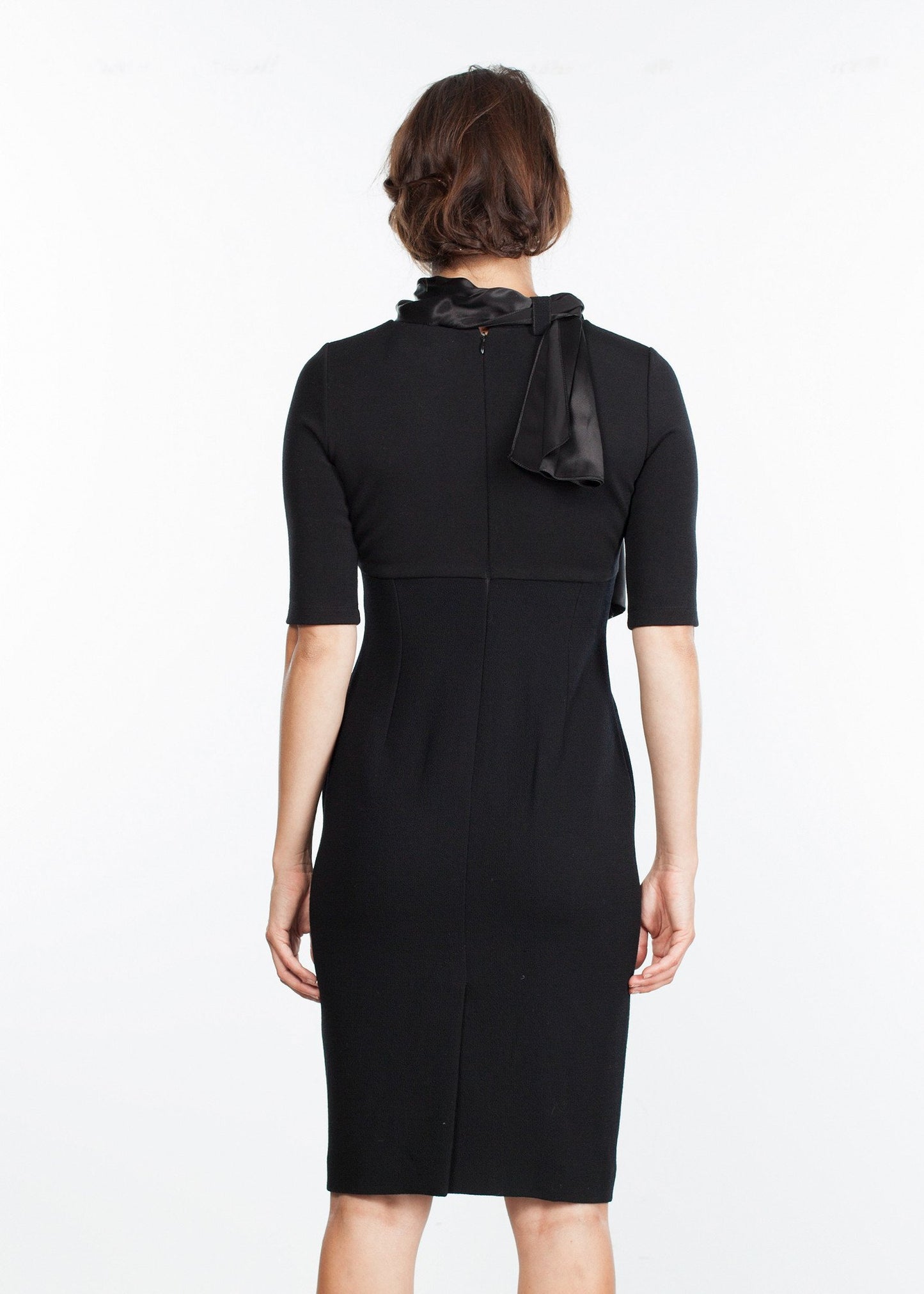 Tie Neck Wool Dress in Black - annaclothes