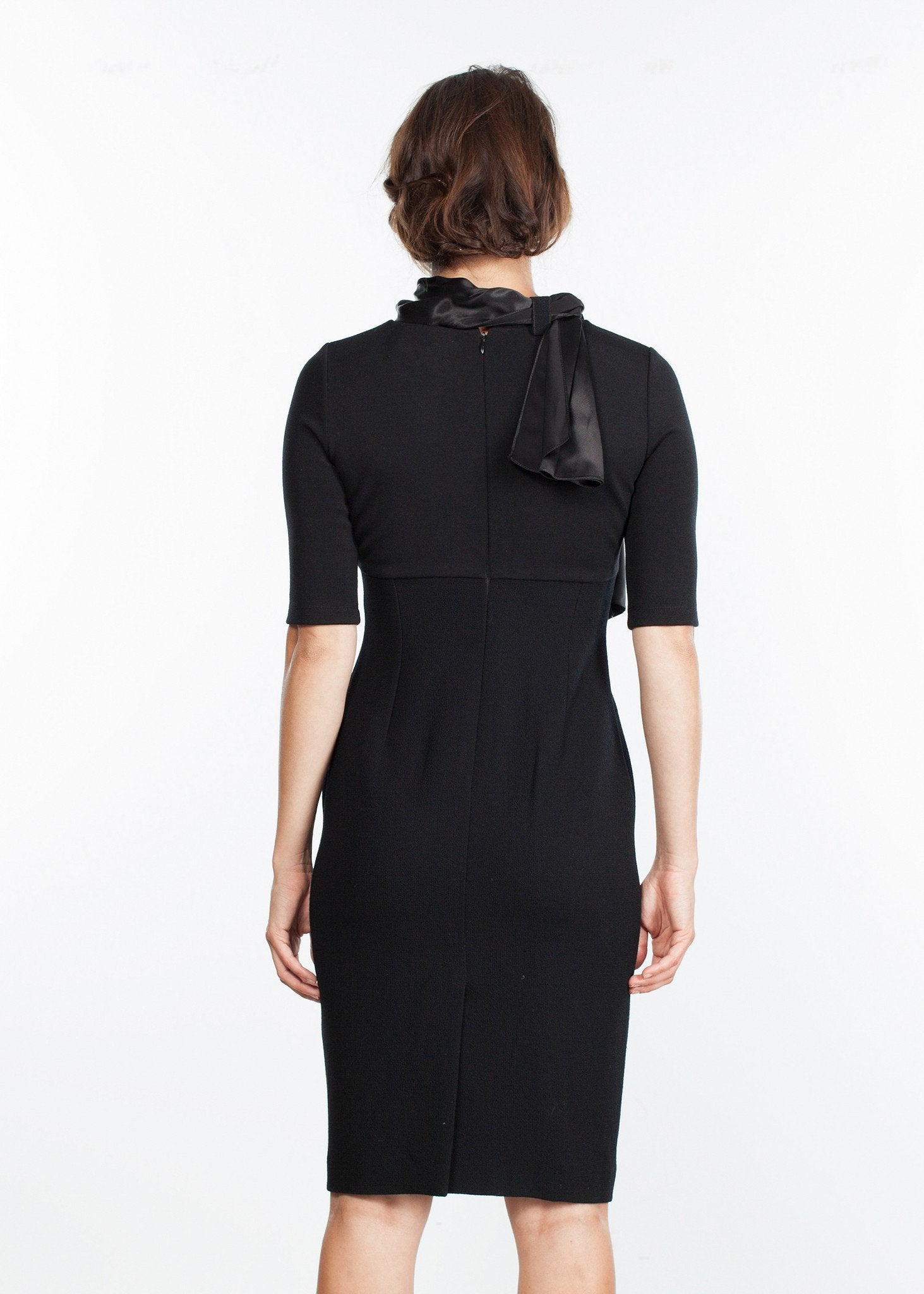 Tie Neck Wool Dress in Black - annaclothes