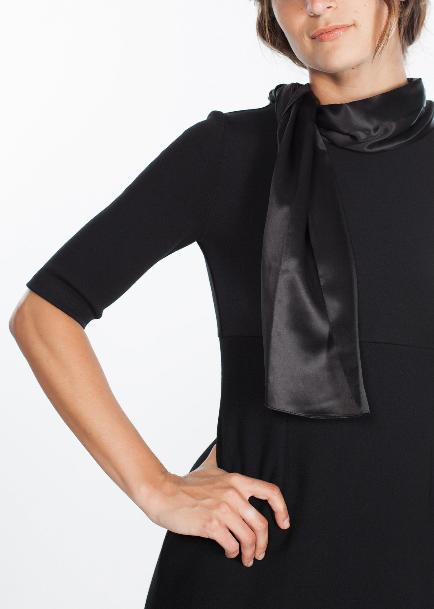 Tie Neck Wool Dress in Black - annaclothes