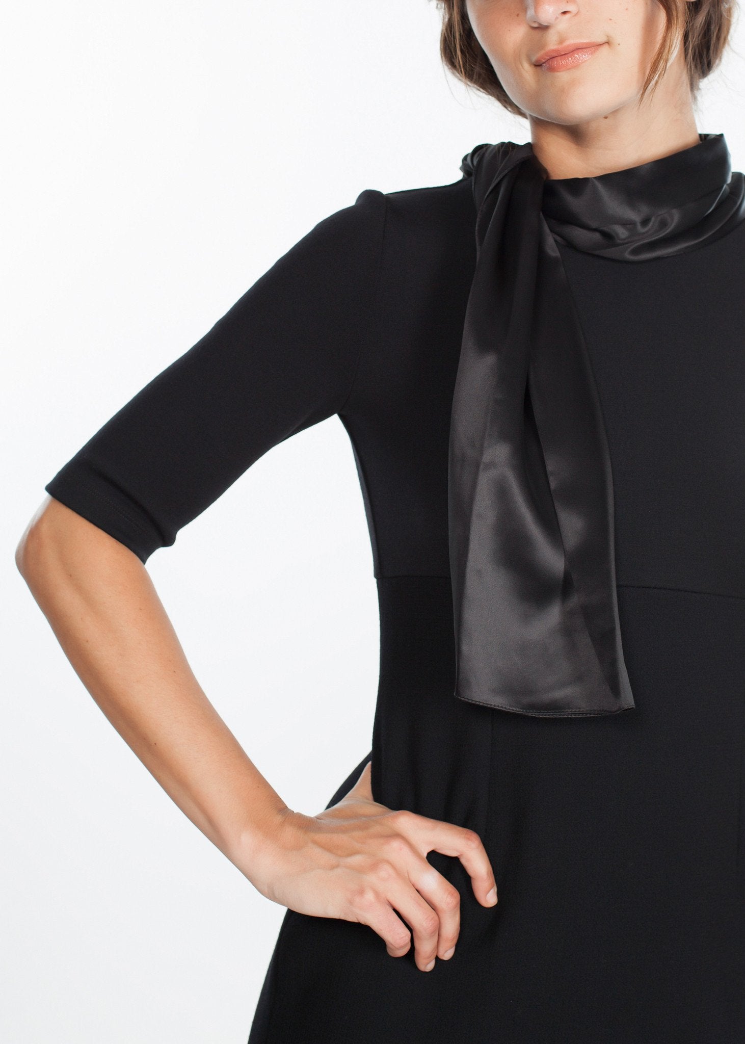 Tie Neck Wool Dress in Black - annaclothes