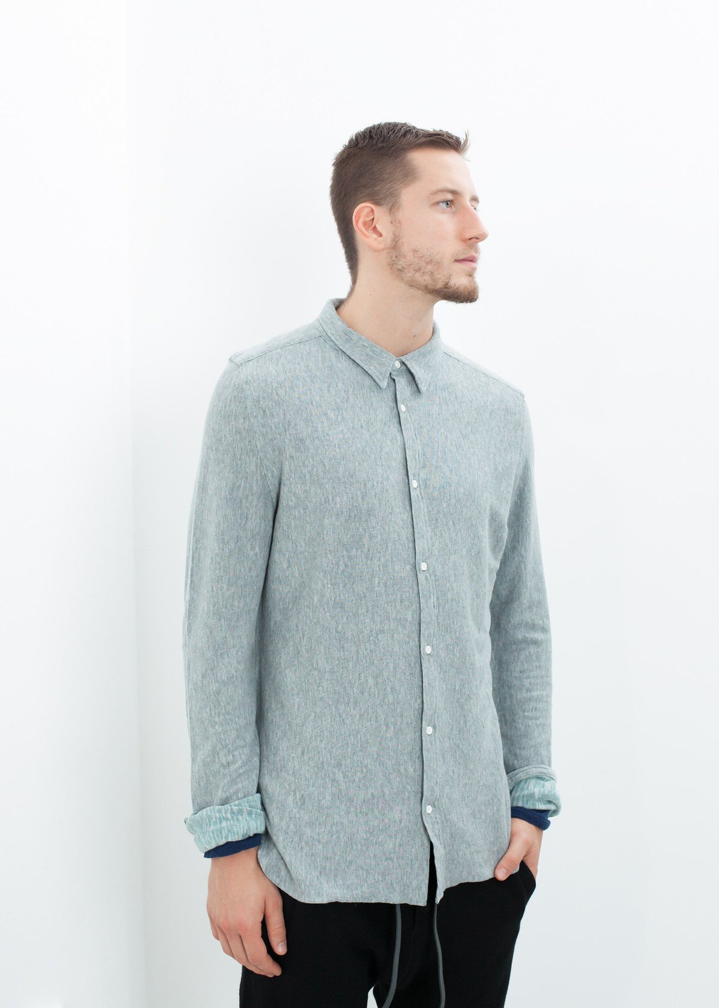 Kasuri Jersey Button-Up in Blue Grey - annaclothes