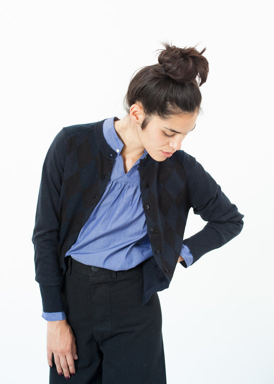Quilt Pattern Cardigan in Black/Navy - annaclothes