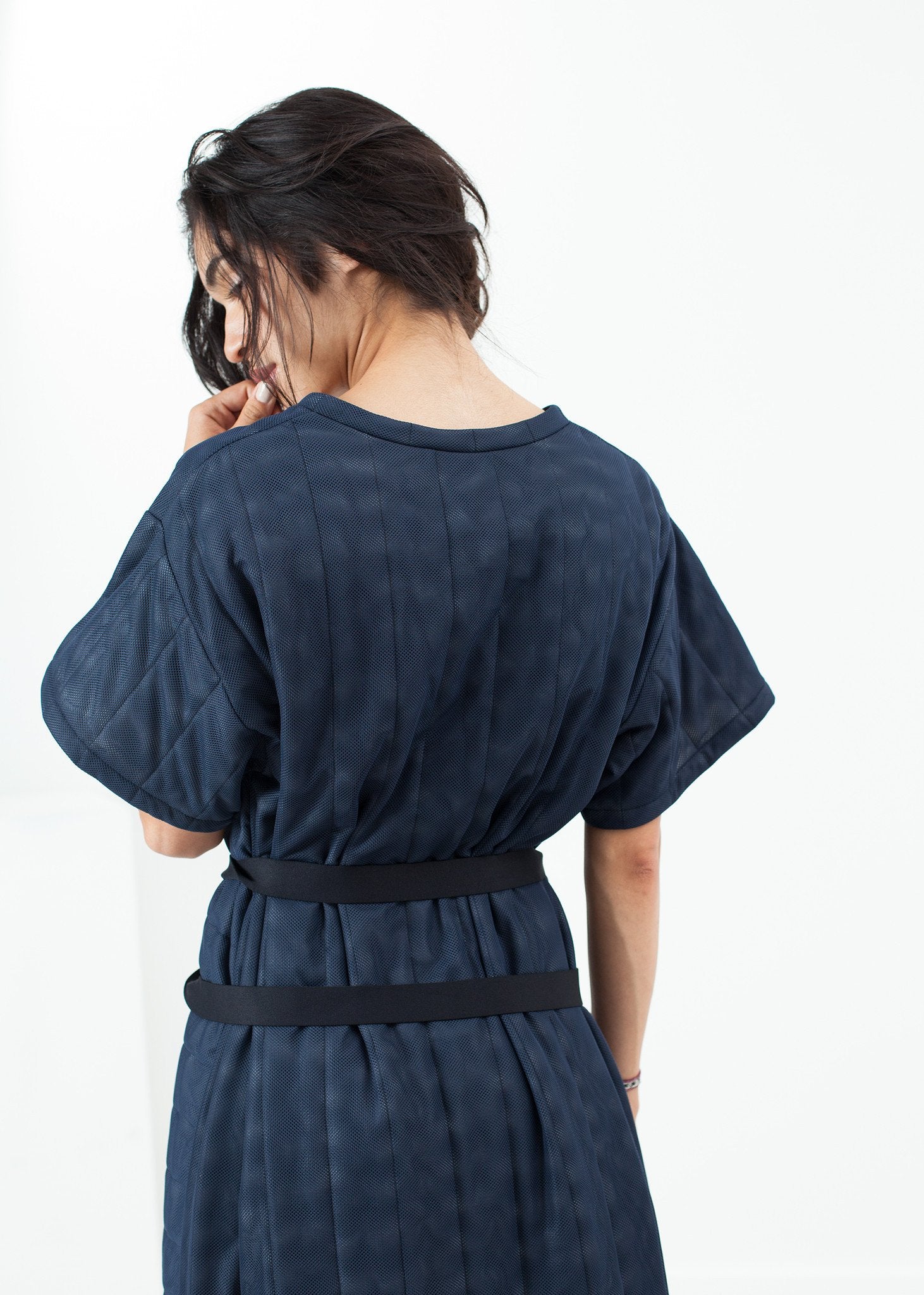 Quilted Mesh T-Shirt Dress in Navy - annaclothes