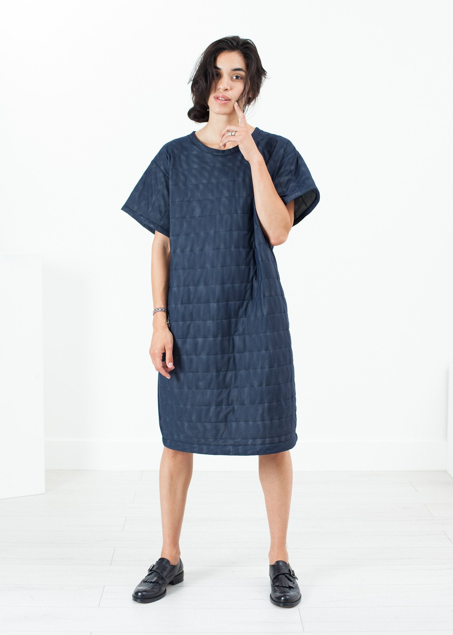 Quilted Mesh T-Shirt Dress in Navy - annaclothes