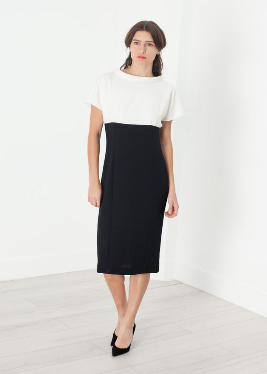 Pearl Fastened Dress in Cream/Black - annaclothes