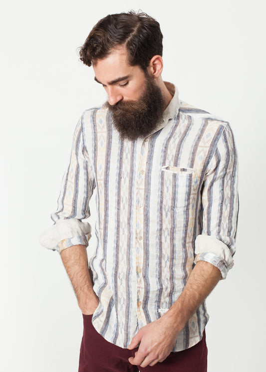 Linen Western Shirt in Beige/Blue - annaclothes